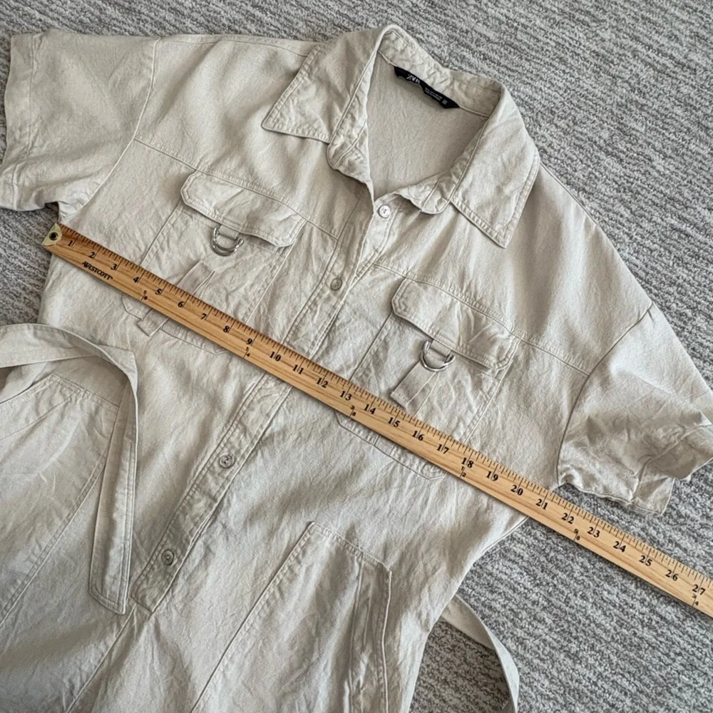 Zara Linen Blend Button Down Shirt Romper Size Large Cargo Pocket Utility Belted